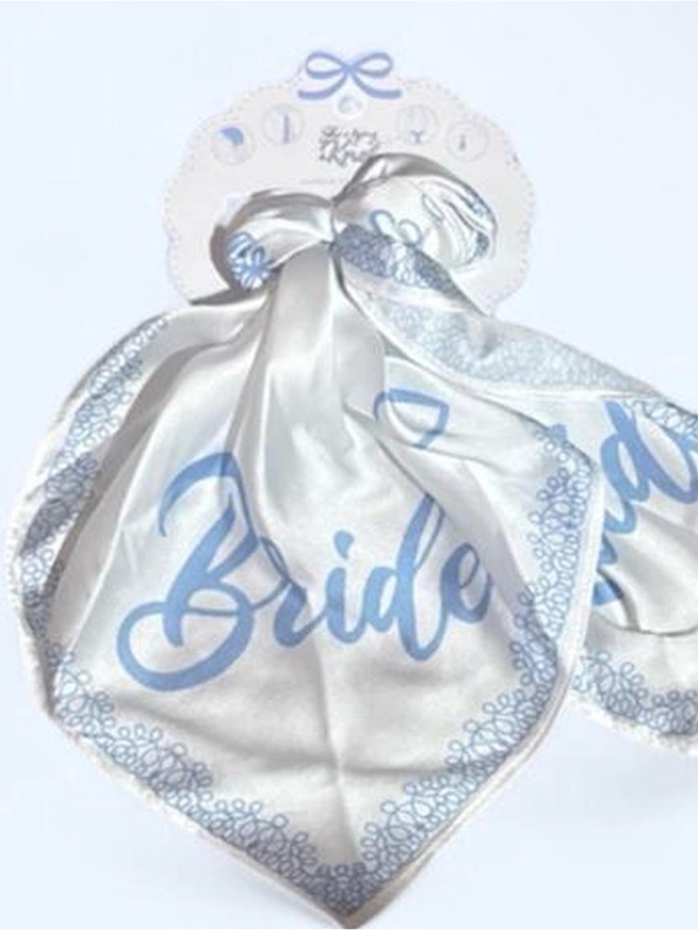 Bride Satin Scarf in White with Light Blue Script